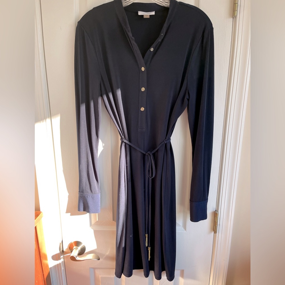 Calvin Klein knee length navy shift dress with tie waist, gold buttons